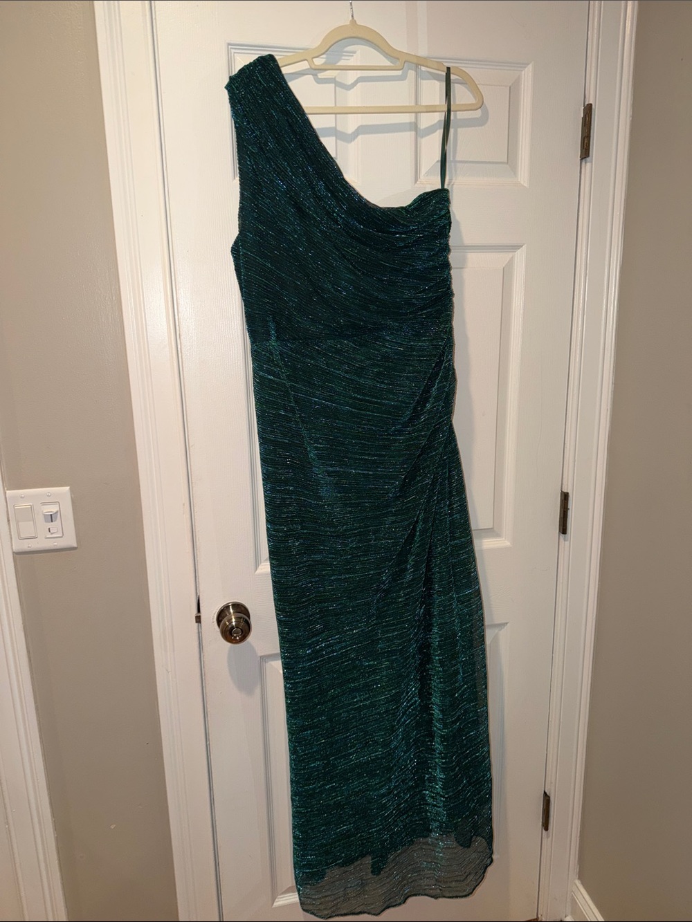 Betsy & Adam Emerald One-Shoulder Evening Dress